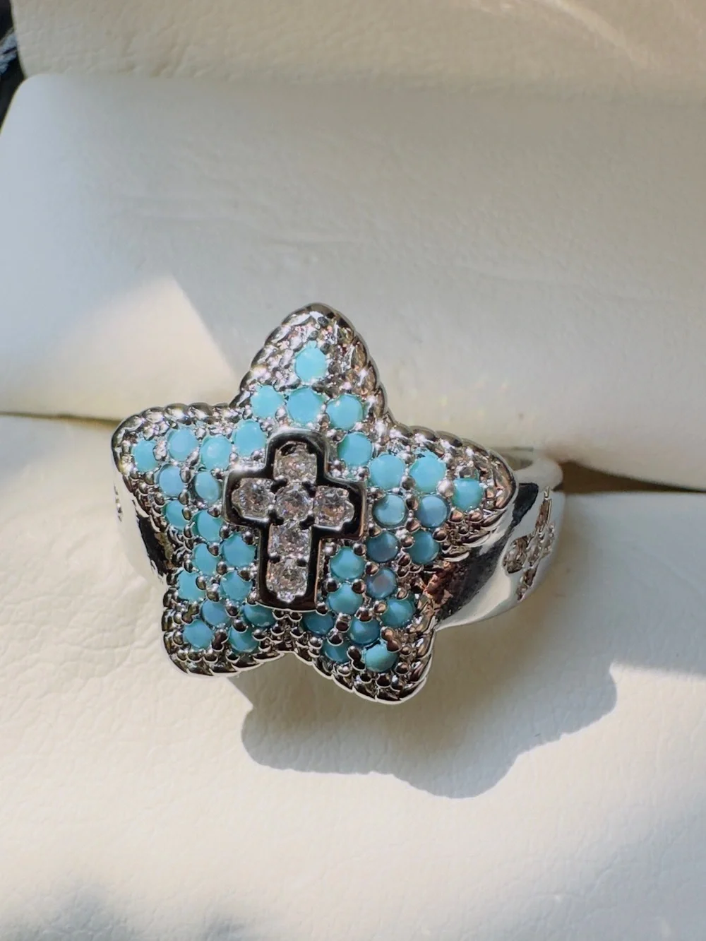 Silver Star Cross Ring with Turquoise Accent - Women's Jewelry